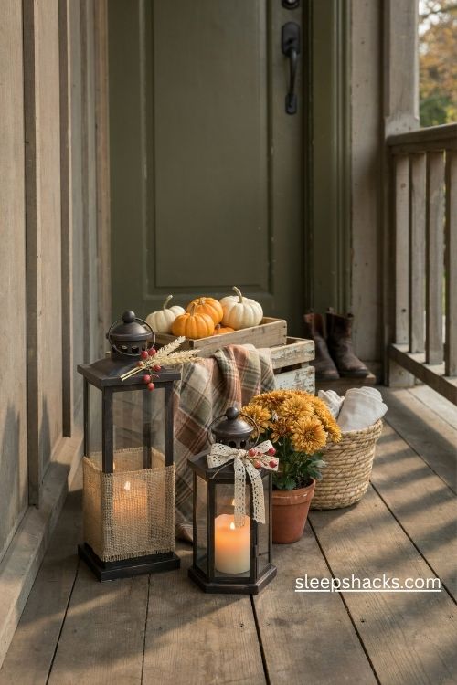 Burlap wrapped lanterns with wheat sprigs and plaid blankets for a cozy fall porch 