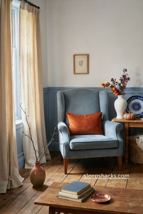 Burnt orange accents with blue and white fall decor
