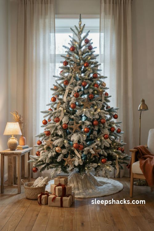 Burnt orange and cream christmas tree with rust ceramic ornaments and velvet ribbon