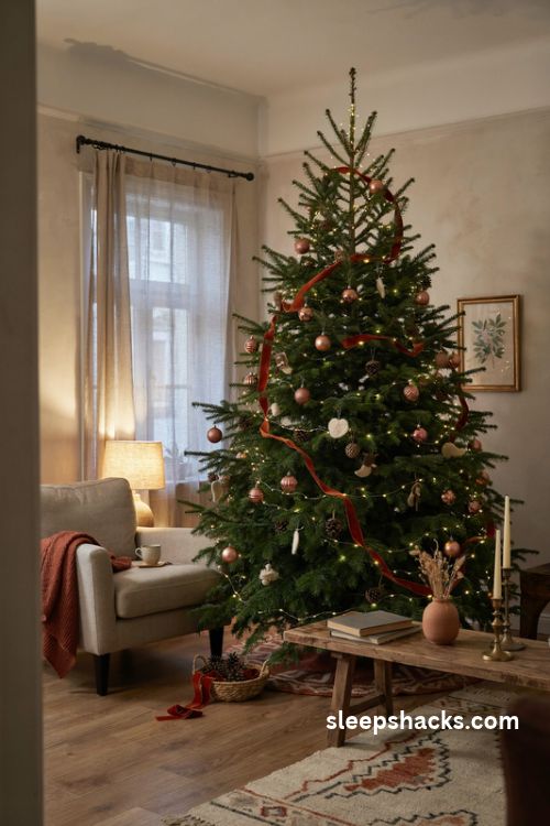 Burnt orange christmas tree glowing with warm white lights and cozy vintage ornaments