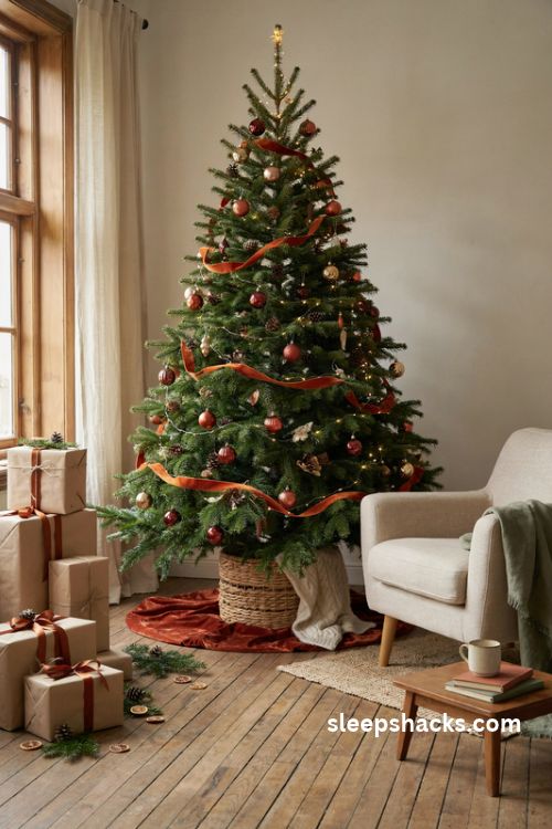 Burnt orange christmas tree with cozy velvet skirt and woven basket collar