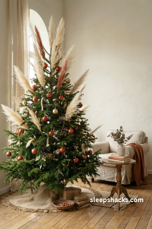 Burnt orange christmas tree with cream pampas grass dried wheat and rustic boho ornaments