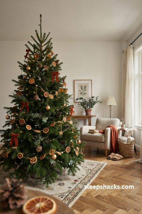 Burnt orange christmas tree with dried orange slice garland and wooden beads
