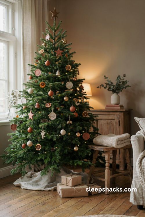 Burnt orange christmas tree with handmade terracotta stars clay bells and ceramic ornaments