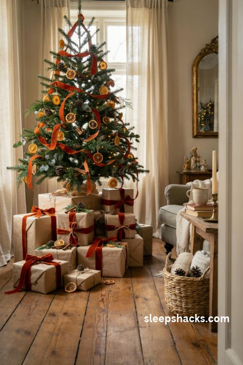 Burnt orange christmas tree with kraft paper gifts and rust ribbon