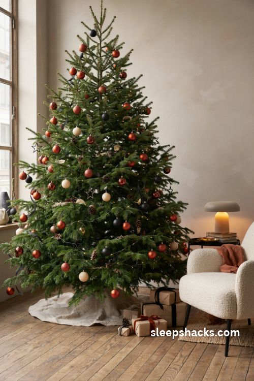 Burnt orange christmas tree with matte black ornaments gold accents and modern styling