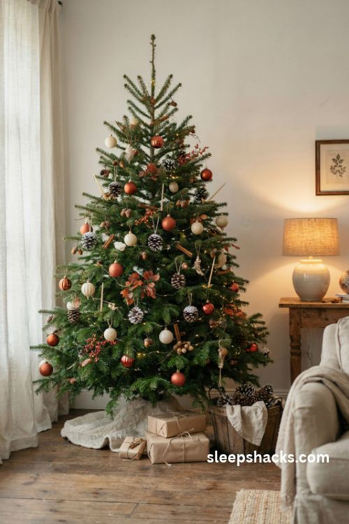 Burnt orange christmas tree with natural pinecones acorns cinnamon sticks and rustic woodland decor