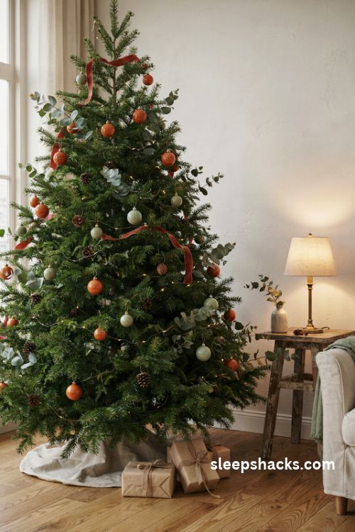 Burnt orange christmas tree with sage green ornaments and natural eucalyptus stems