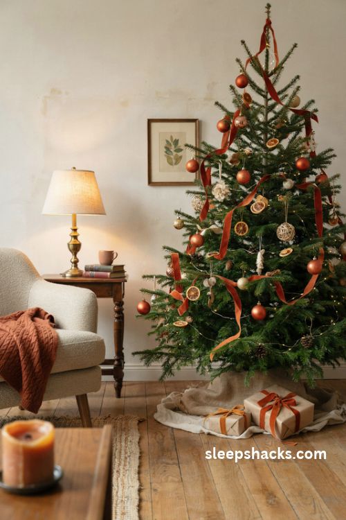 Burnt orange christmas tree with velvet ribbons gold ornaments and cozy cream accents