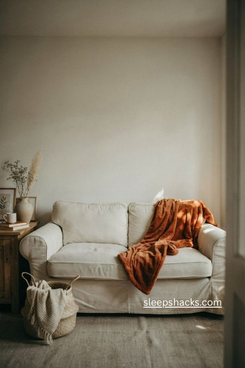 Burnt orange fleece throw on cream sofa cozy fall living room