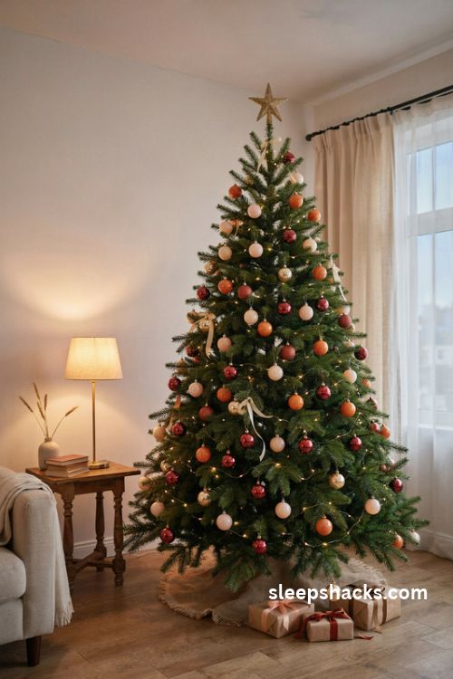 Burnt orange ombre christmas tree with peach terracotta and deep rust glass ornaments