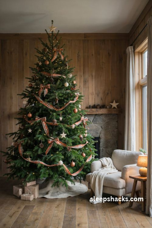 Burnt orange plaid ribbon christmas tree with rustic wooden ornaments and natural pinecones