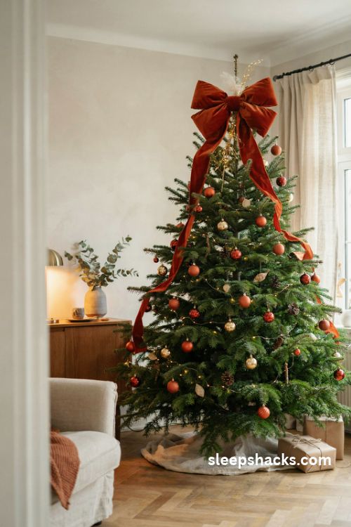 Burnt orange velvet bow christmas tree topper with long flowing ribbon tails and gold accents