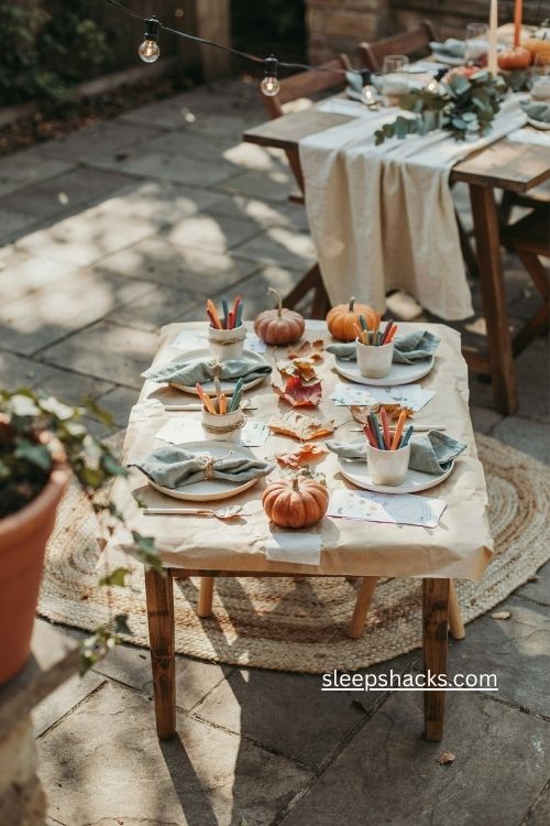 Butcher paper kids thanksgiving table with crayons colored pencils and rustic decor 