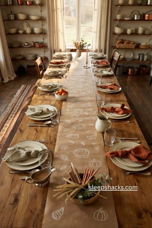 Butcher paper tablecloth Thanksgiving center strip with ivory sketches and copper accents