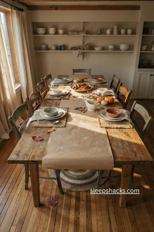 Butcher paper tablecloth Thanksgiving setup with crayons kraft paper and simple dishes