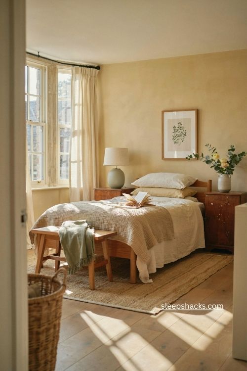 Butter yellow bedroom colour ideas with cream bedding and natural light
