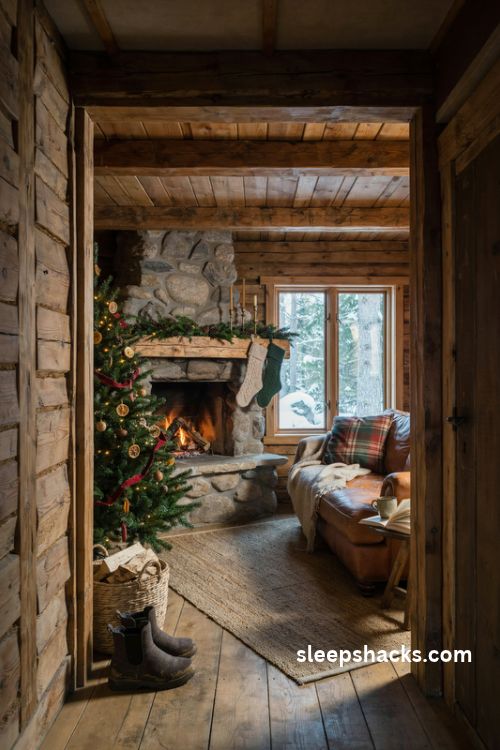 Cabin Christmas decor with rustic wood walls a cozy stone fireplace and natural woodland accents