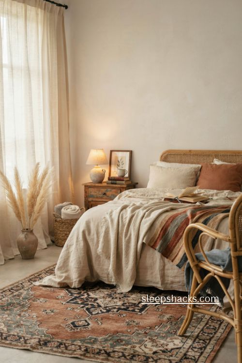 Calm neutral boho bedroom with woven textures vintage rug and rattan chair 