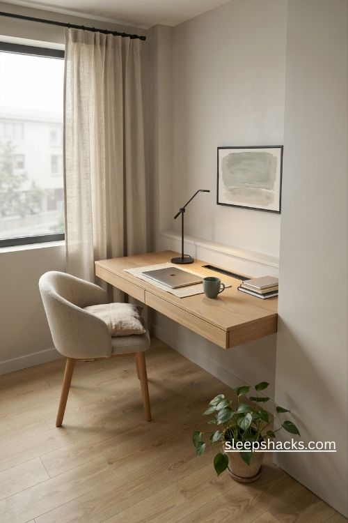 Calm neutral modern office decor with a light oak desk and soft beige accents