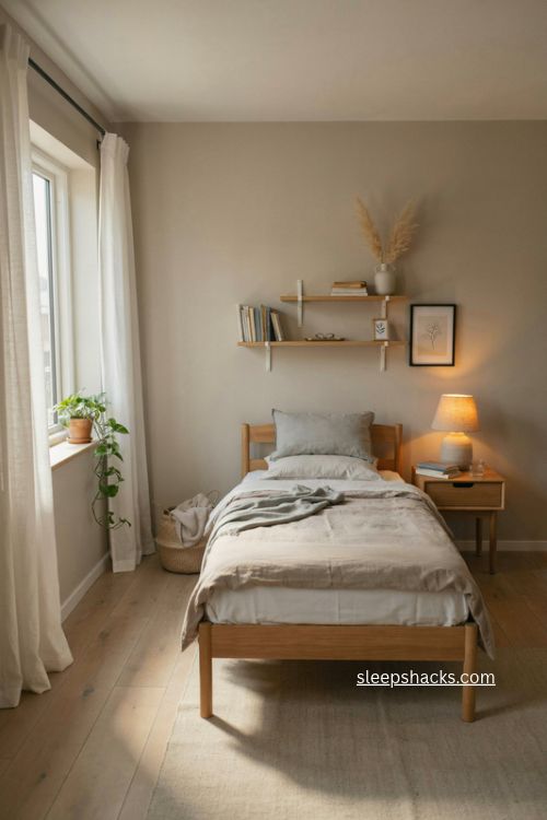 Calm neutral teen bedroom with warm greige walls light wood bed and flexible decor 