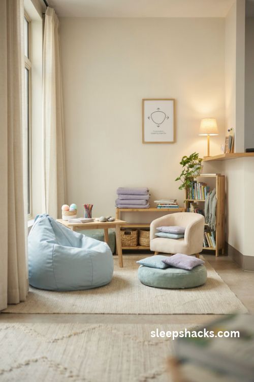 Calming corner for students with soft blue beanbag seating and soothing school office decor