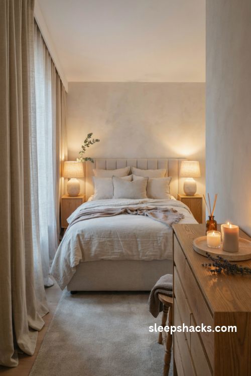 Calming elegant bedroom with warm candlelight and a lavender scented diffuser