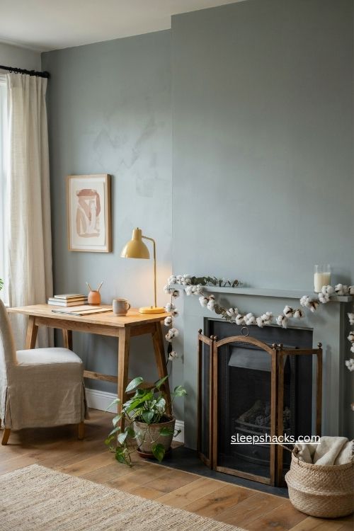 Calming green and gray blue color scheme for a cozy home office wall