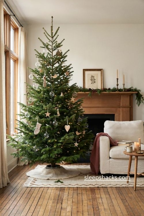 Canaan fir Christmas tree with layered branches and cozy traditional holiday ornaments 
