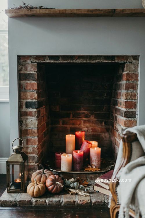 Candle filled fall fireplace decor with pumpkins and warm glowing candles 