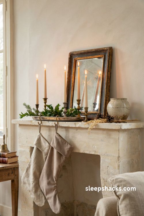 Candlelit French country Christmas mantel with antique brass taper holders weathered mirror evergreen sprigs linen stockings and vintage silver platter