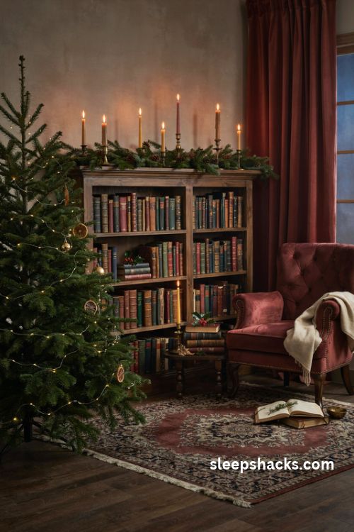 Candlelit dark academia christmas living room with warm white tree lights antique brass candleholders and vintage books