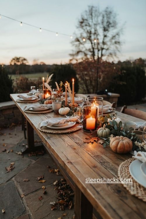 Candlelit outdoor thanksgiving table with amber glass holders and pillar candles