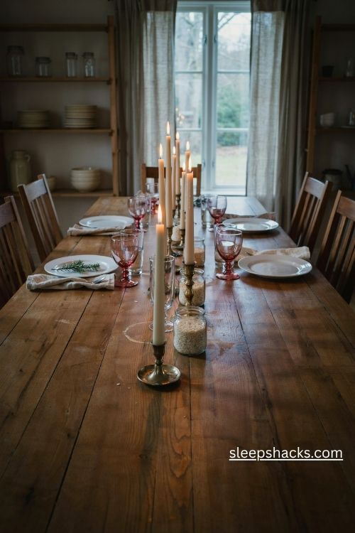 Candlelit taper candles in mismatched holders on a simple christmas dining table