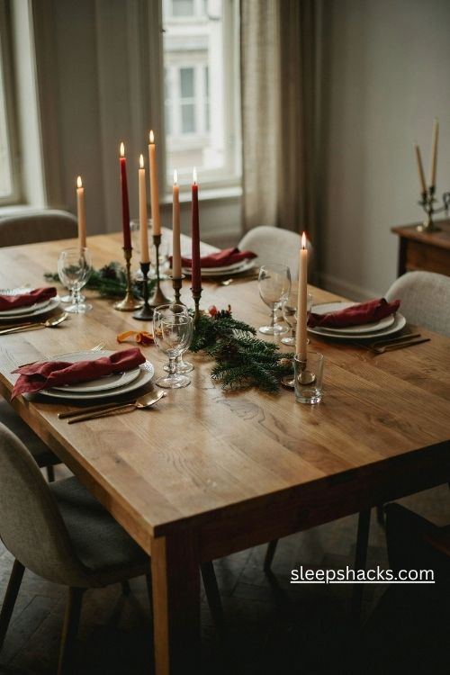 Candlelit taper clusters in brass holders for an elegant red christmas table