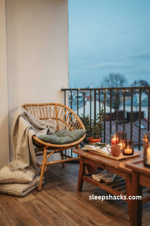 Candlelit winter balcony reading nook with cozy wool throw flameless candles open book warm mug and Christmas fairy lights