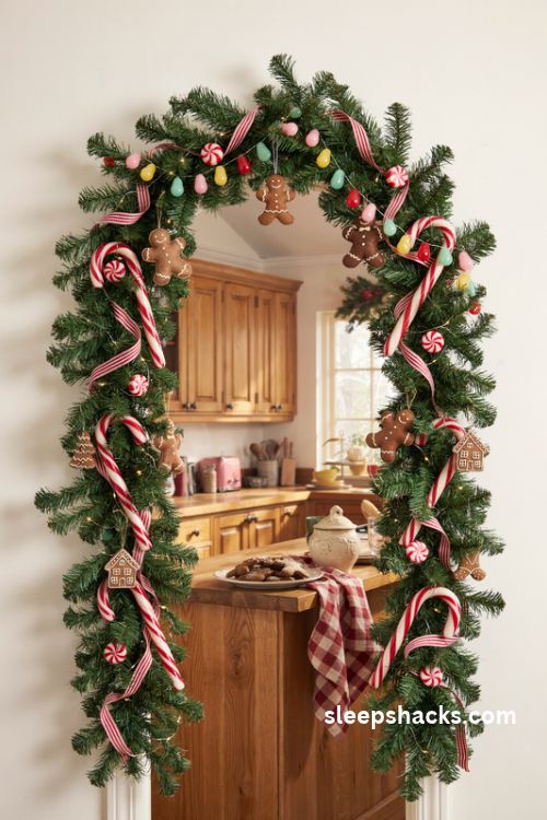 Candy cane Christmas arch with gingerbread ornaments striped ribbon and colorful gumdrop garland