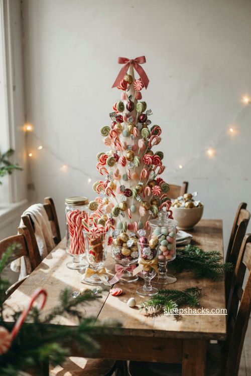 Candy cane and lollipop christmas tree with colorful sweets and playful holiday table decor 