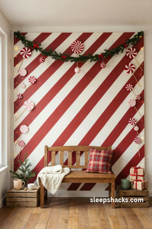 Candy cane stripe christmas backdrop with oversized peppermint decorations and rustic wooden bench