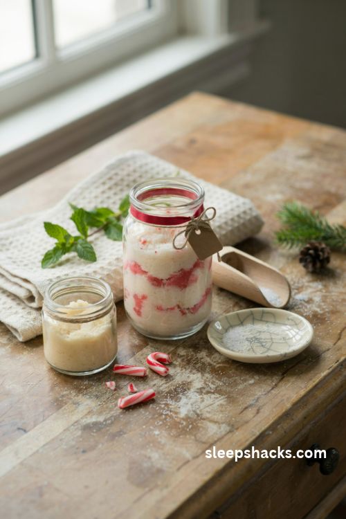 Candy cane sugar scrub diy christmas gift in a glass jar with peppermint swirls and rustic ribbon