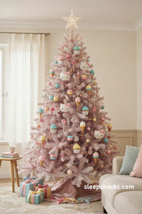 Candy colored kawaii Hello Kitty Christmas tree with pastel cupcake macaron and ice cream ornaments