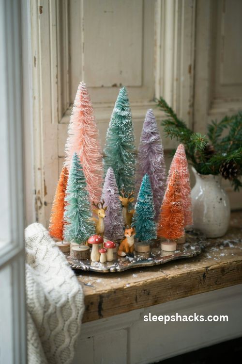 Candy colored mini bottlebrush christmas trees arranged in a pastel winter forest