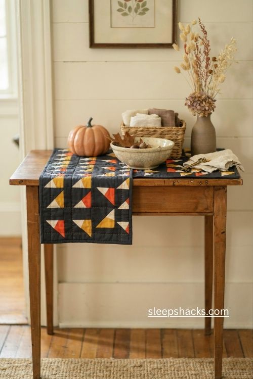 Candy corn mini table runner with yellow orange cream stripes and fall entryway decor 