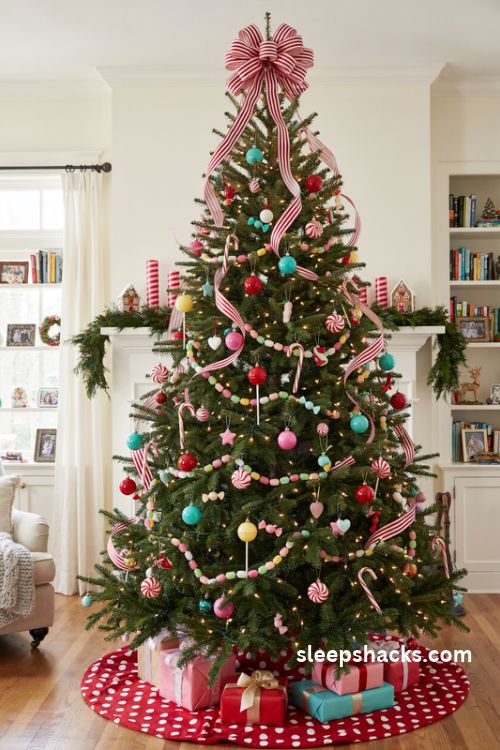 Candy land Christmas tree with oversized lollipops peppermint ornaments striped ribbon and colorful gumdrop garland