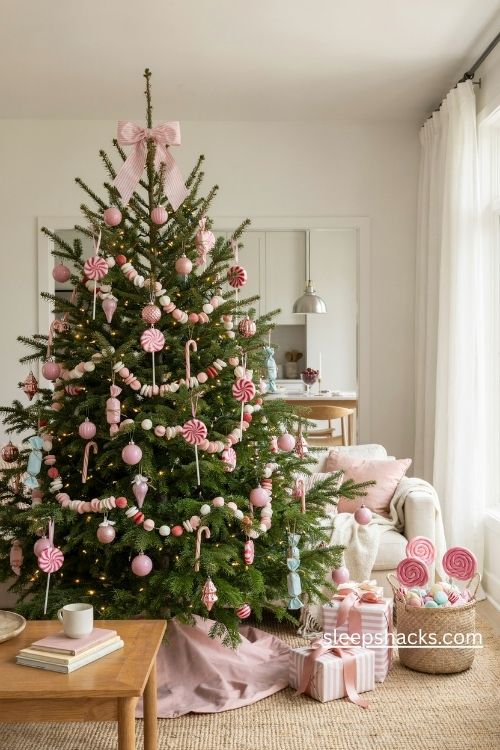 Candy pink christmas tree decorations with lollipops peppermint swirls and striped bows