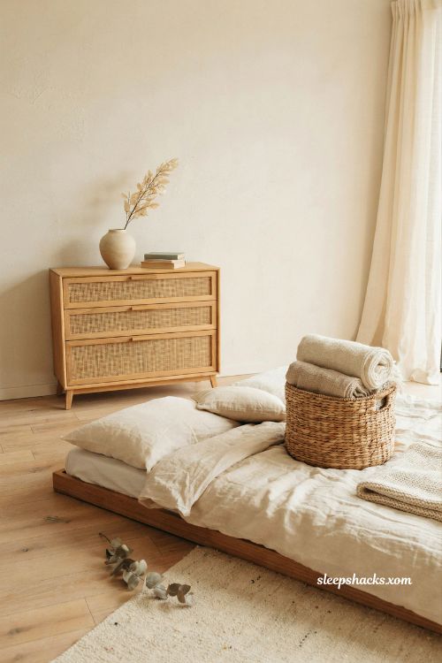Cane front dresser and seagrass blanket basket in a cozy coastal cream bedroom