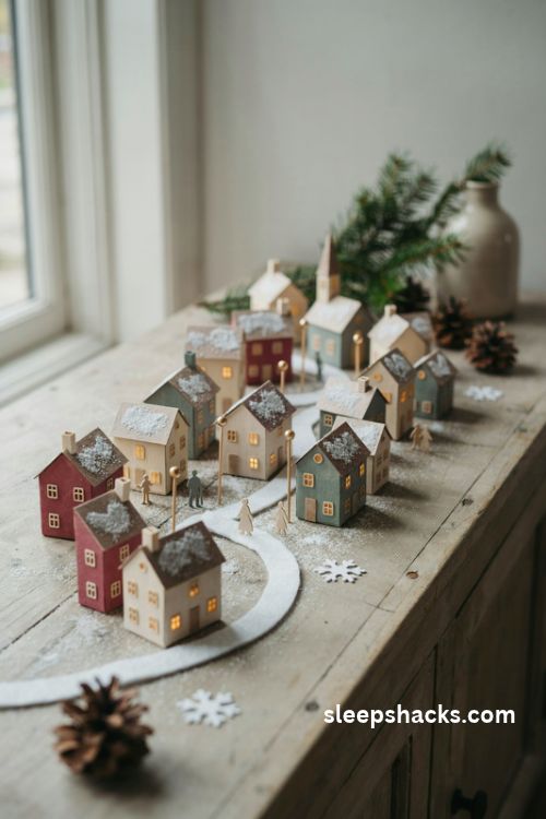 Cardboard Christmas village diorama with snowy miniature cottages, a tiny church, and winding white felt paths