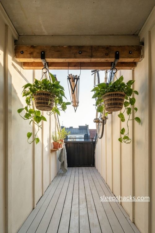Ceiling hooks and hanging rails for small balcony storage and vertical organization