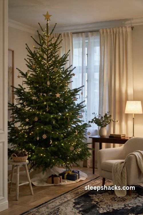Celestial gold christmas tree with hanging stars crescent moons and delicate snowflakes