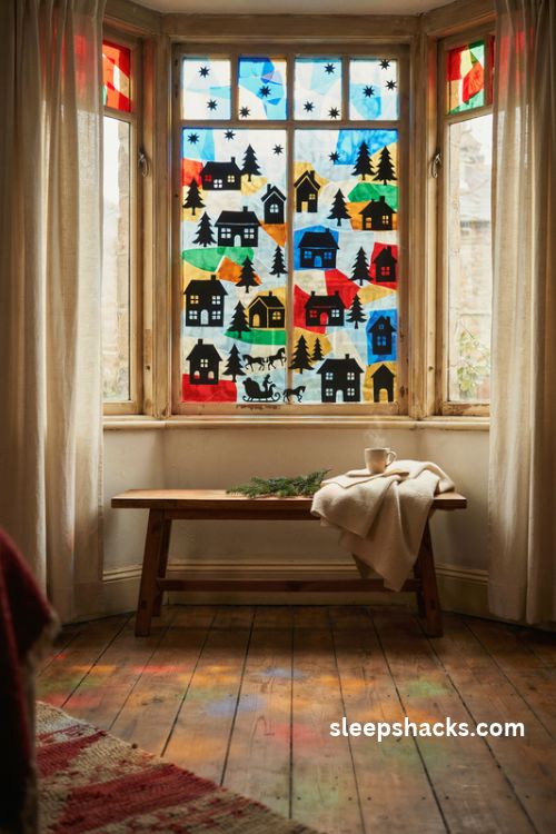 Cellophane Christmas stained glass window scene with a glowing winter village sleigh and evergreen trees